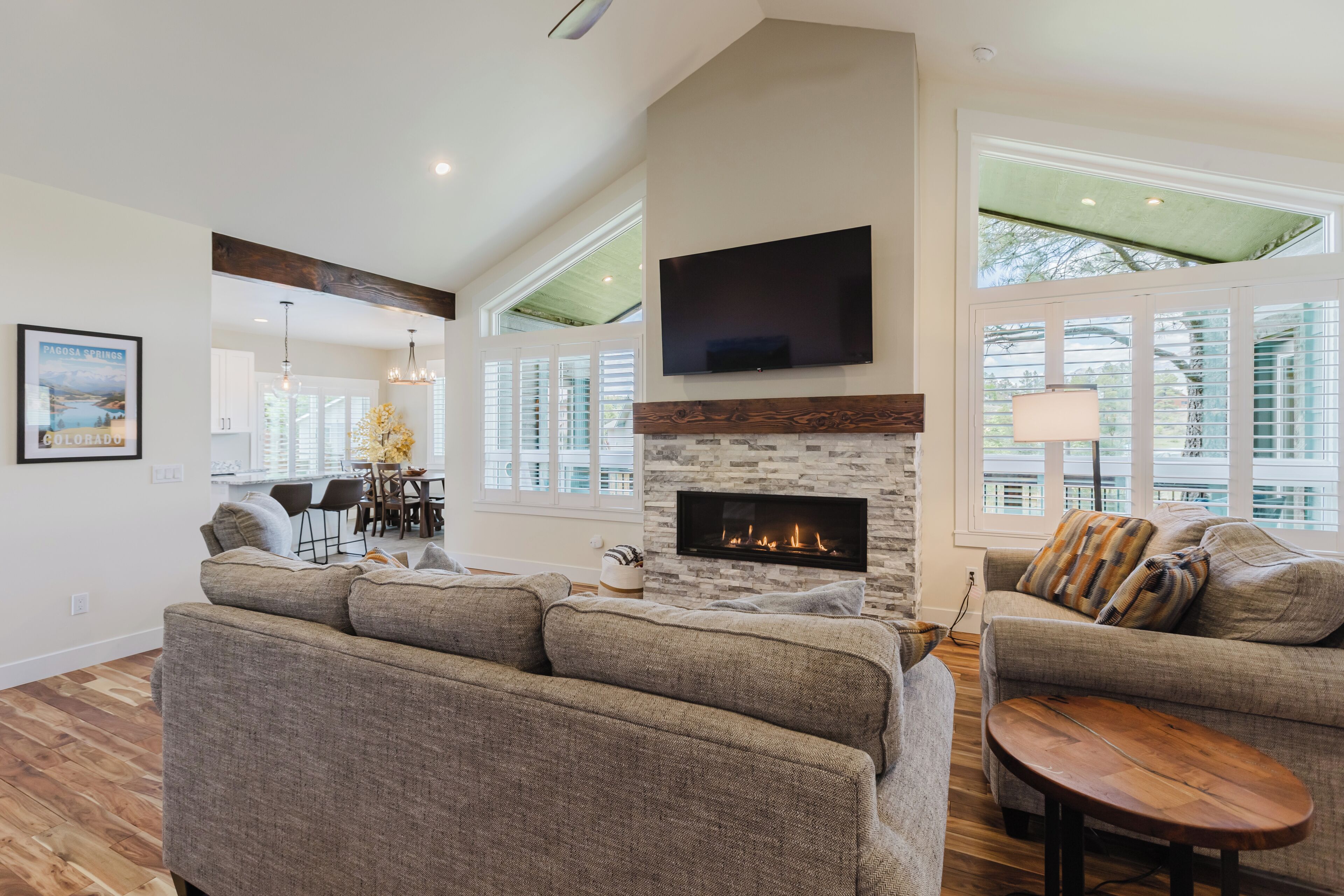 TV, fireplace