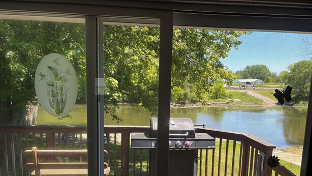 Une terrasse avec un barbecue, un banc et une vue sur un lac bordé d’arbres, avec un véhicule visible au loin.