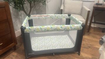 Ein Baby-Spielbereich mit dinosaurier-bezogener Stoffdecke, Holzboden, einem Fenster mit Vorhängen und einer Pflanze.