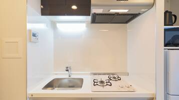 Fridge, microwave, stovetop, cookware/dishes/utensils