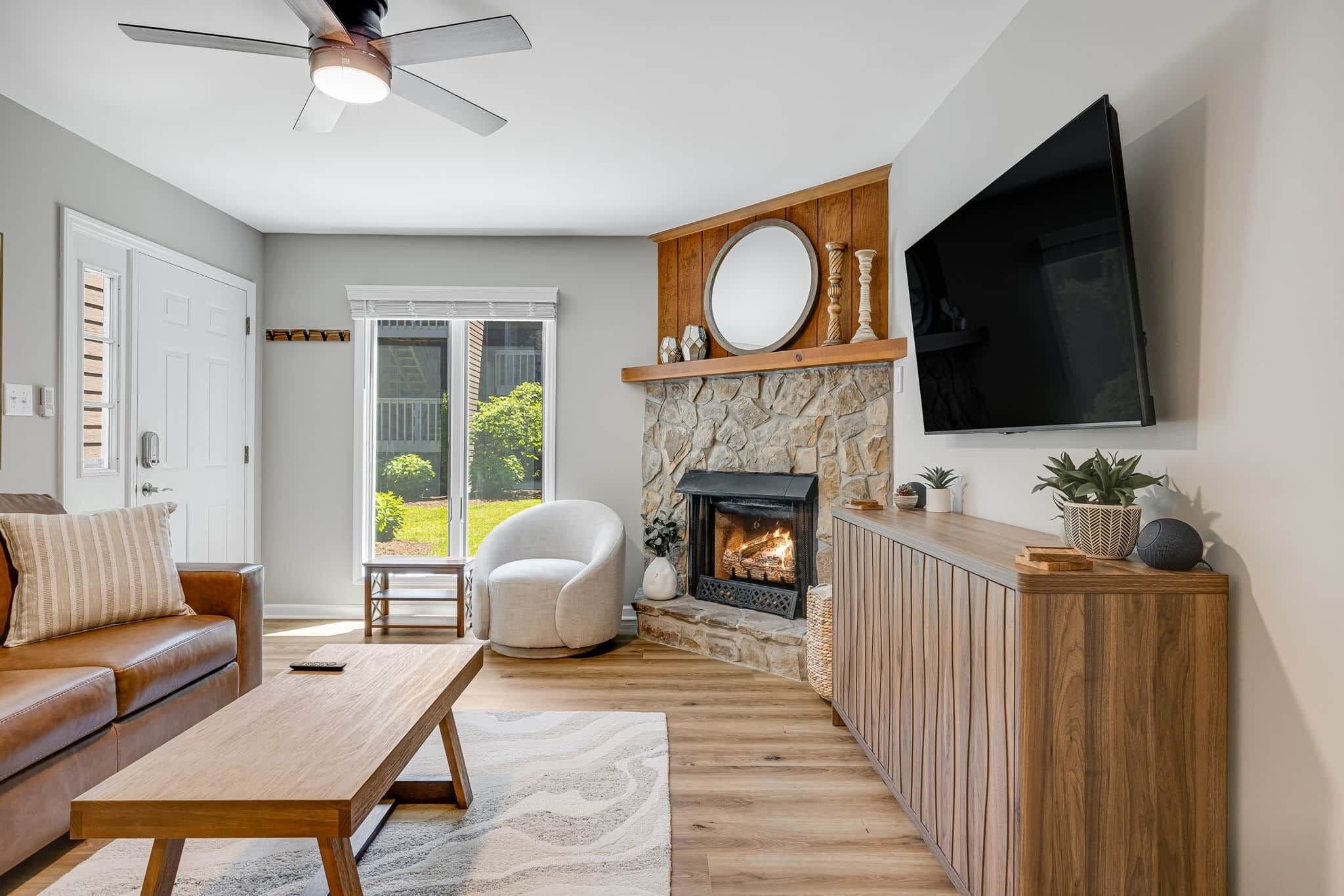Smart TV, fireplace, books