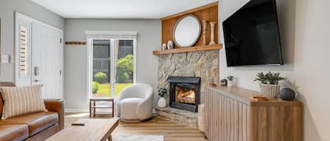 Smart TV, fireplace, books