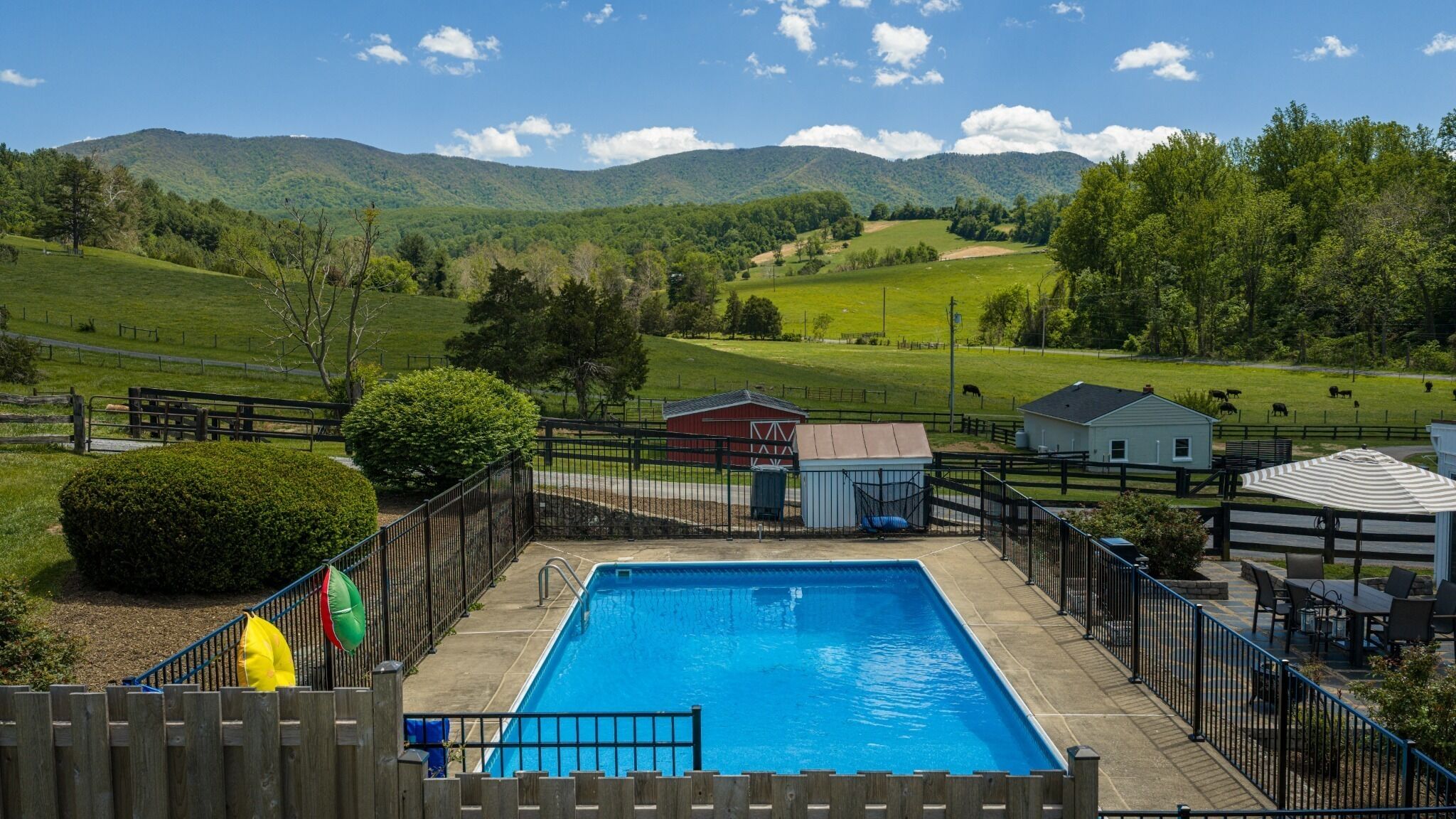 Une piscine offrant une vue sur un paysage rural, avec notamment une grange et des vaches au pâturage.