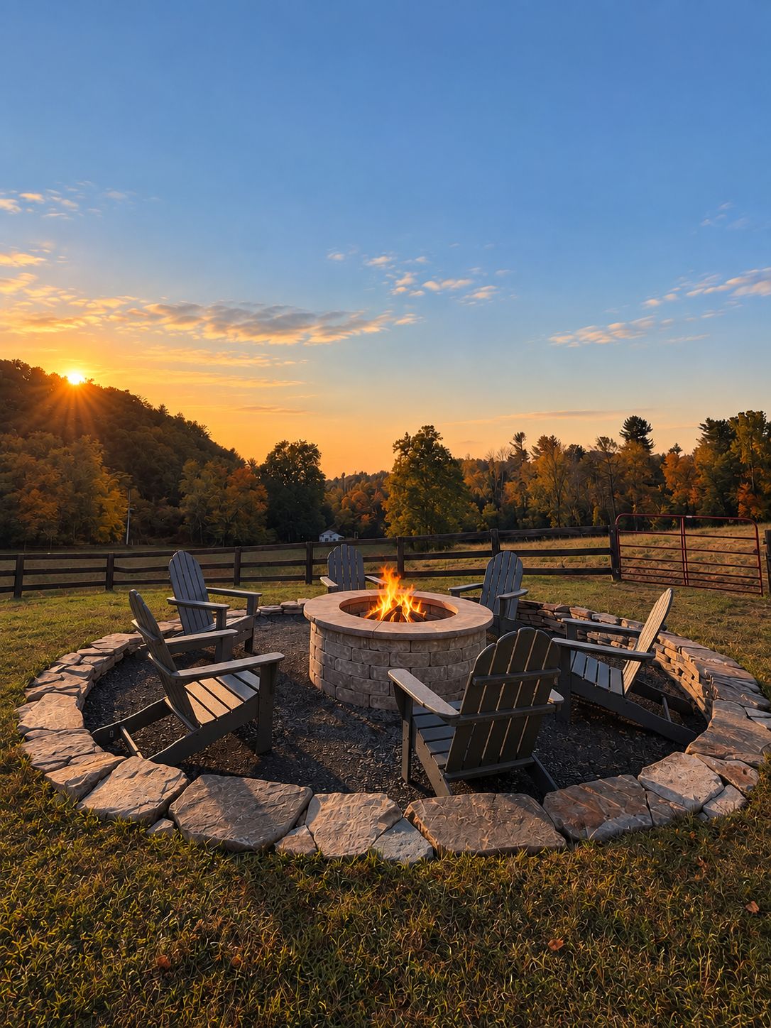 A circular stone fire pit with four Adirondack chairs around it, set in a grassy area with a wooden fence in the background.