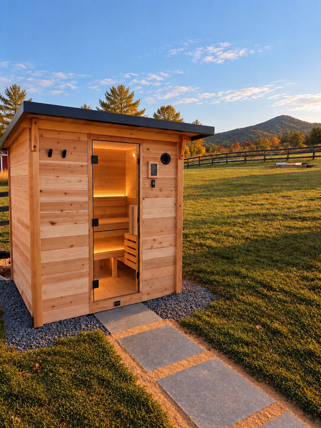 A wooden sauna with a door, a control panel, and a small window.