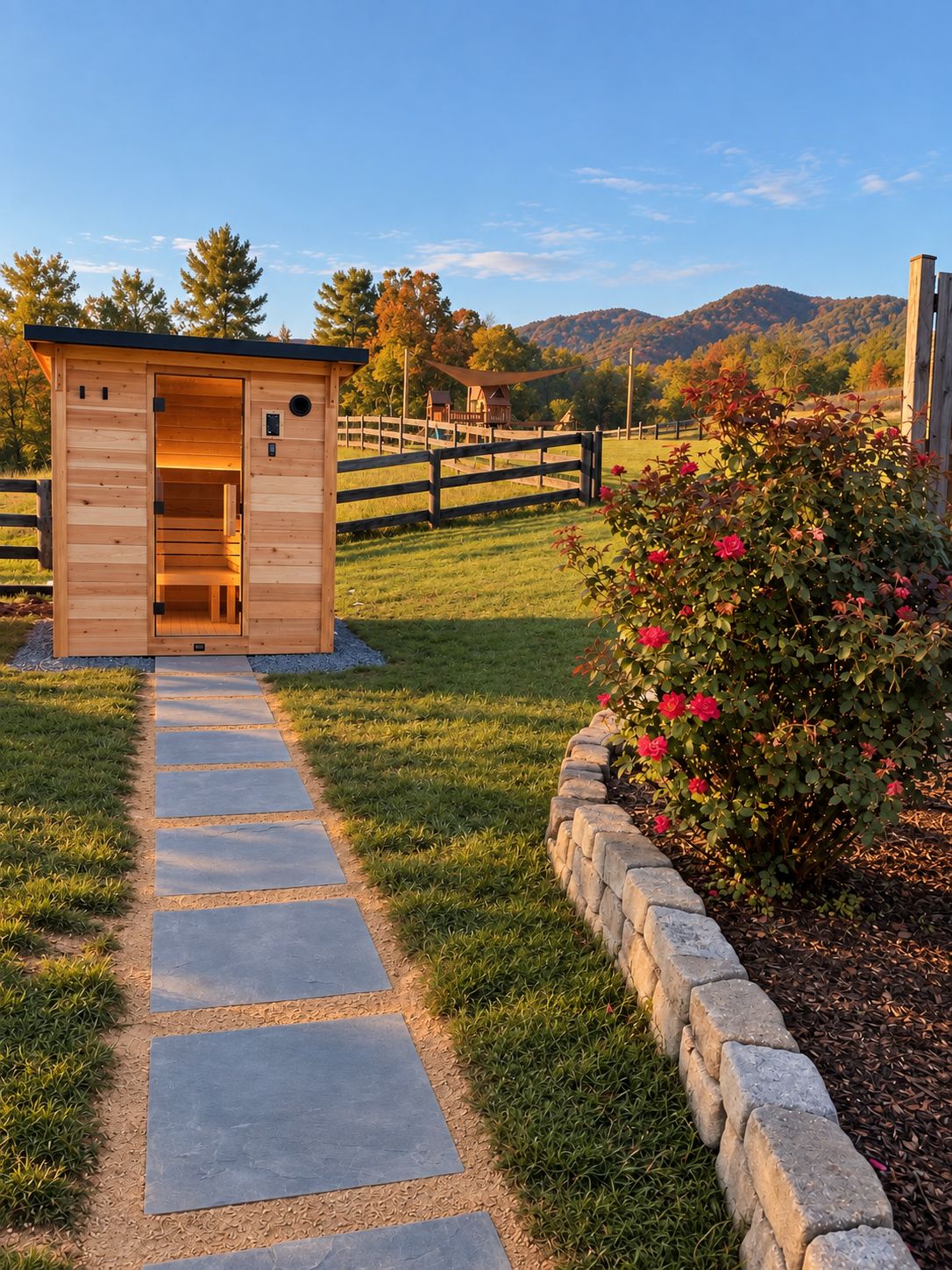 A wooden cabin with a stone pathway leading to it, surrounded by a wooden fence and a flower bed.