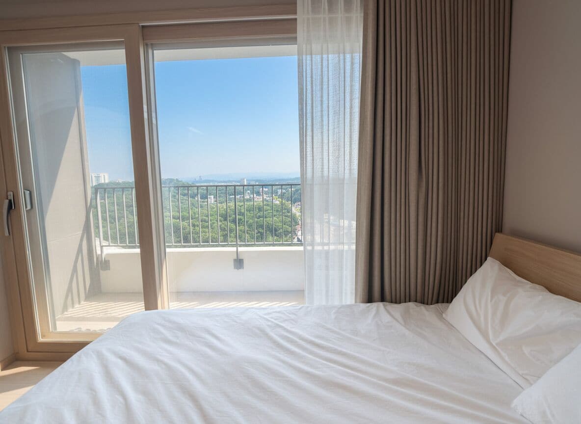 A hotel room with a bed, a view through a sliding door to a balcony, and a window with curtains.