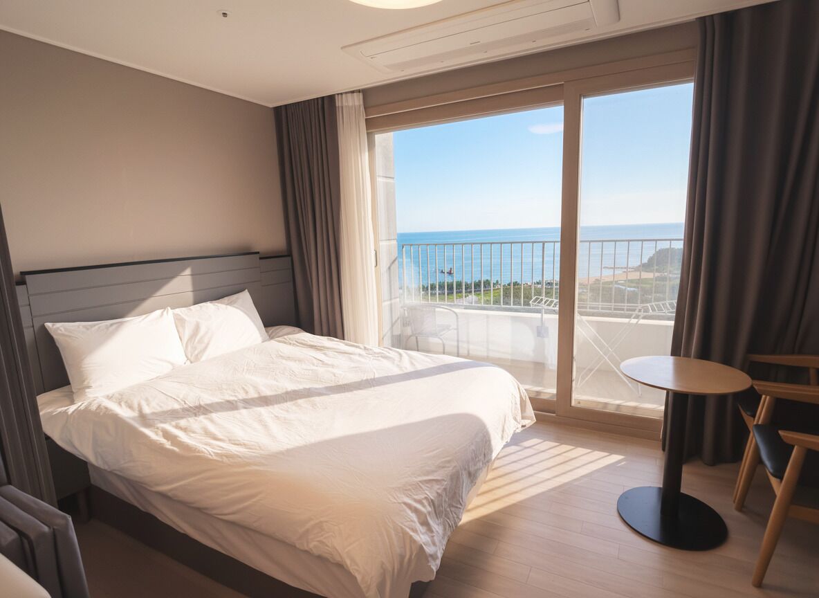 A hotel room with a bed, a small round table, and a balcony with a view of the sea.
