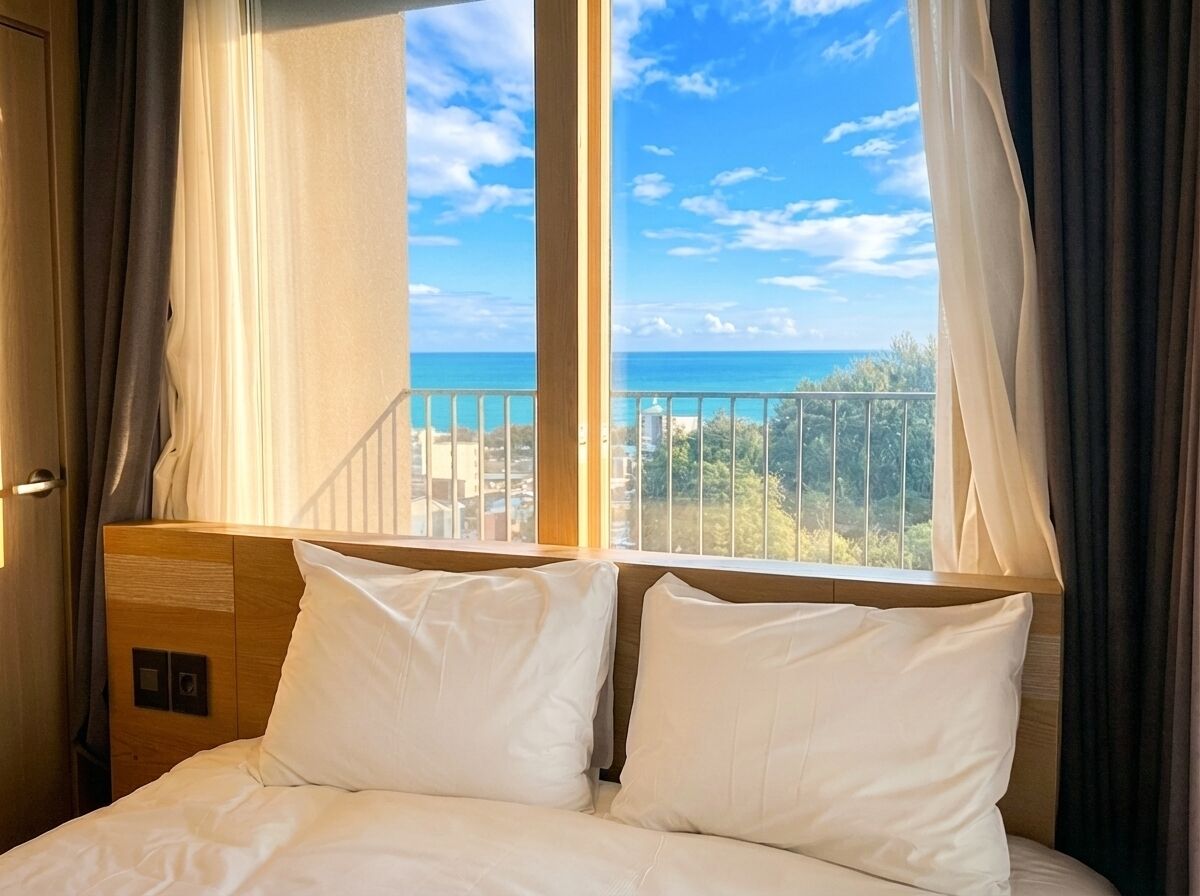 Une chambre d’hôtel avec un lit, des rideaux et une vue sur la mer.