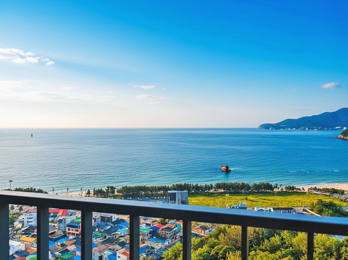 Vista costeira com céu claro, um corpo de água e uma linha de costa distante com edifícios.