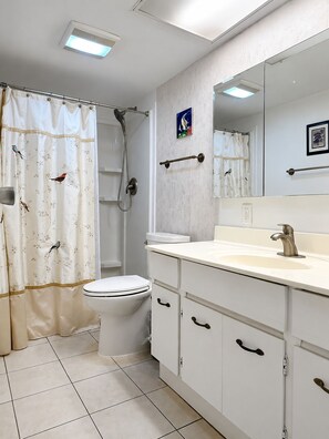 Hair dryer, towels, soap, toilet paper