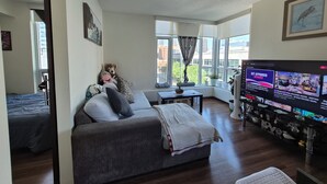 Uma sala de estar com um sofá, uma televisão e uma janela com cortinas.