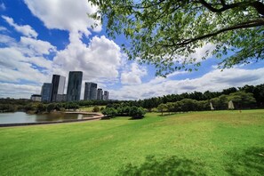 Ein Park mit einem See, Bäumen und einer Stadtkulisse im Hintergrund.