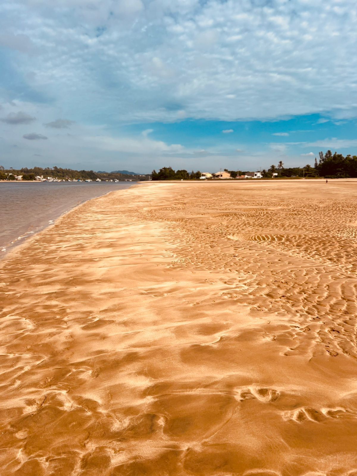 Una playa arenosa con huellas, cielo despejado y edificios a lo lejos.