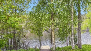 Un sendero de madera que lleva a un lago rodeado de árboles.