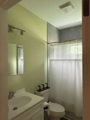 A bathroom with a sink, mirror, toilet, and shower curtain.
