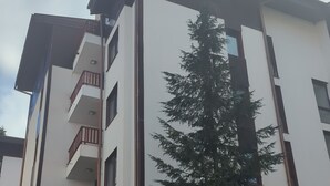 Un edificio de varios pisos con balcones, un árbol en frente y un contenedor amarillo.