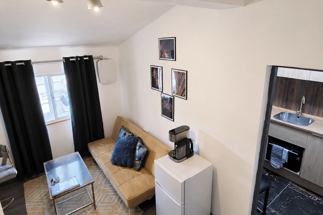 A compact living space with a sofa, a coffee machine, a small refrigerator, a glass table, and a kitchen area with a sink and oven.