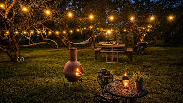 An outdoor patio area with string lights, a table, chairs, a decorative vase, and a hammock.