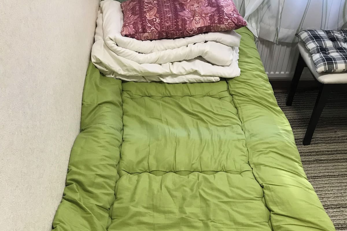 A single bed with a green quilt, a white pillow, and a red patterned pillow.