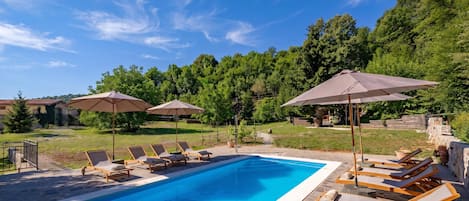 A swimming pool with lounge chairs and umbrellas, surrounded by a landscaped garden and trees.