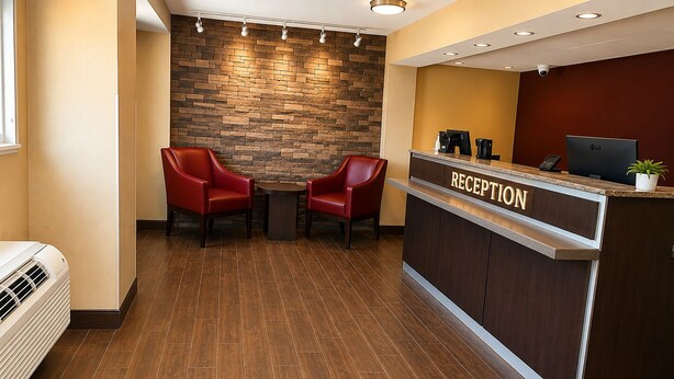 A reception area with a reception desk, two red chairs, a small table, and a stone wall. - Cranberry Park Hotel (Cranberry Township)