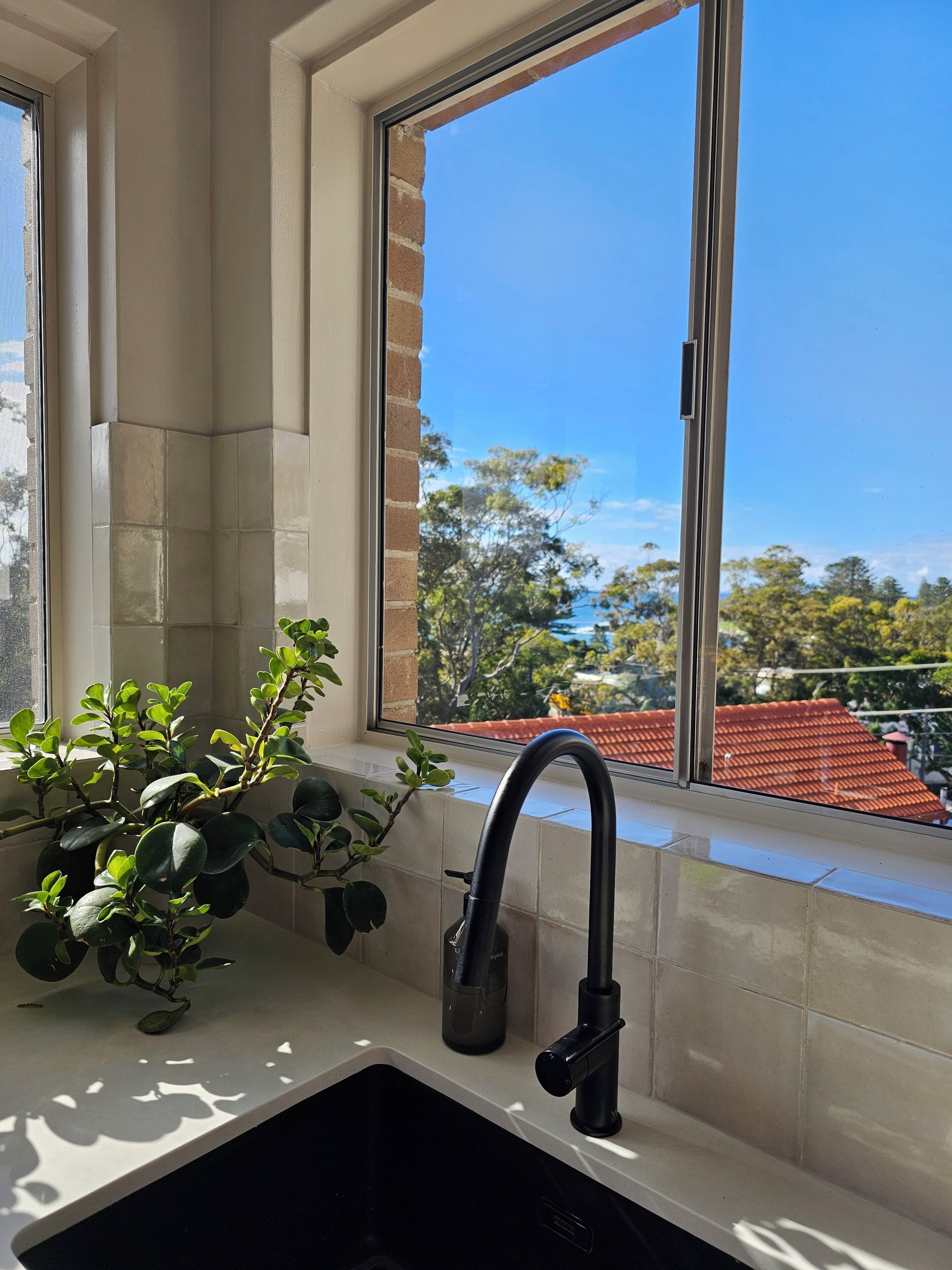 A kitchen with a modern faucet, a potted plant, and a view of a red-roofed building through a window.