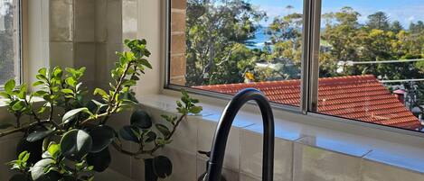 A kitchen with a modern faucet, a potted plant, and a view of a red-roofed building through a window.