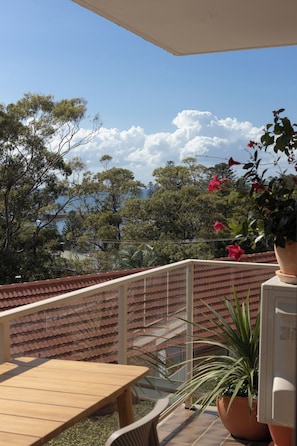 A balcony with a wooden table and chairs, a potted plant, and a view of trees and a cloudy sky.