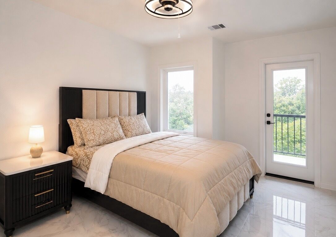 A bedroom with a bed, nightstand, lamp, and a door leading to a balcony.