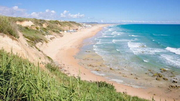 A coastal beach with dunes, clear blue sea, and a few buildings in the distance. - P1 - With pool and garden, minutes from the sea. (Conil De La Frontera)