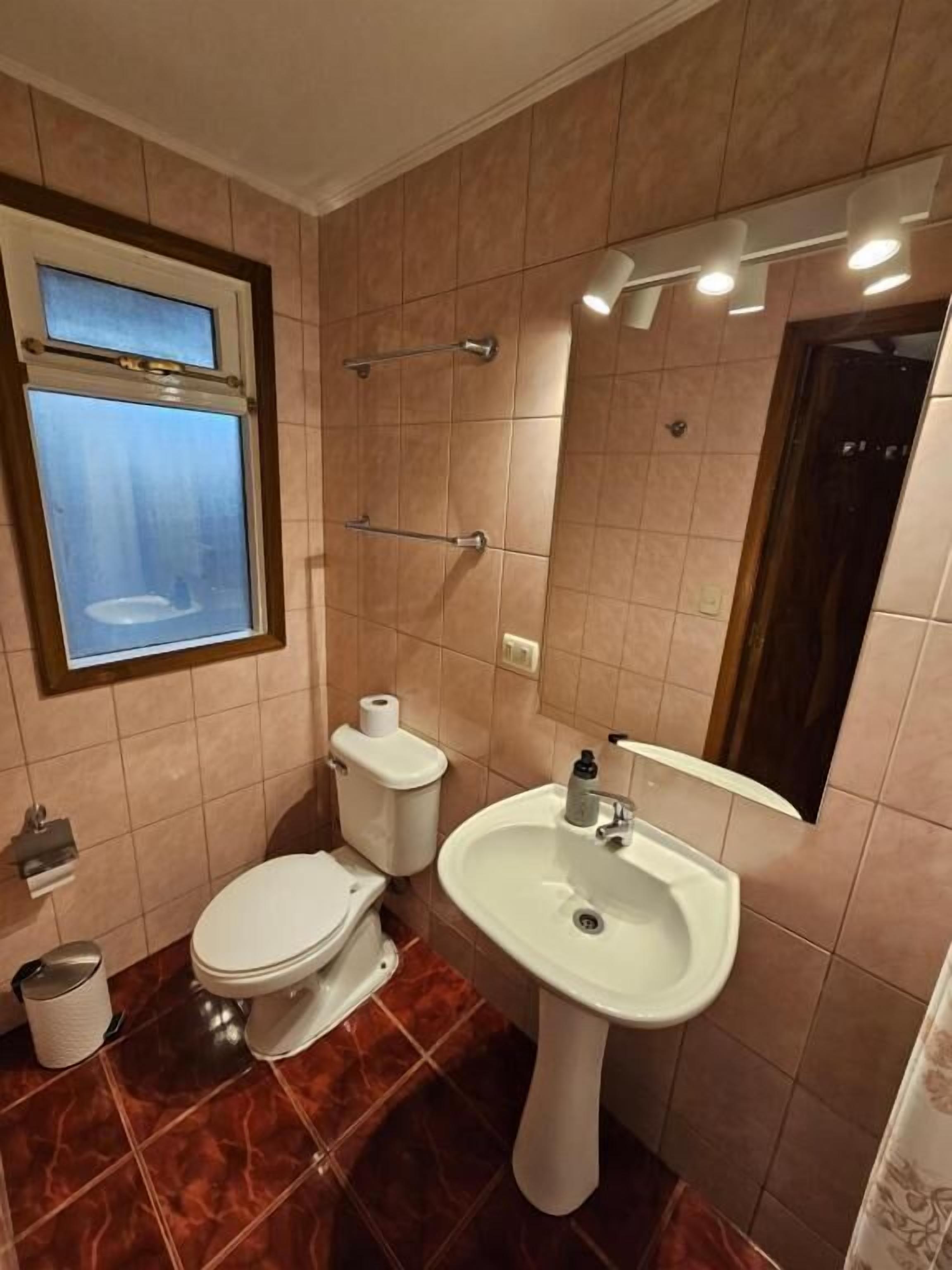 Une salle de bain avec des toilettes, un lavabo et un miroir.