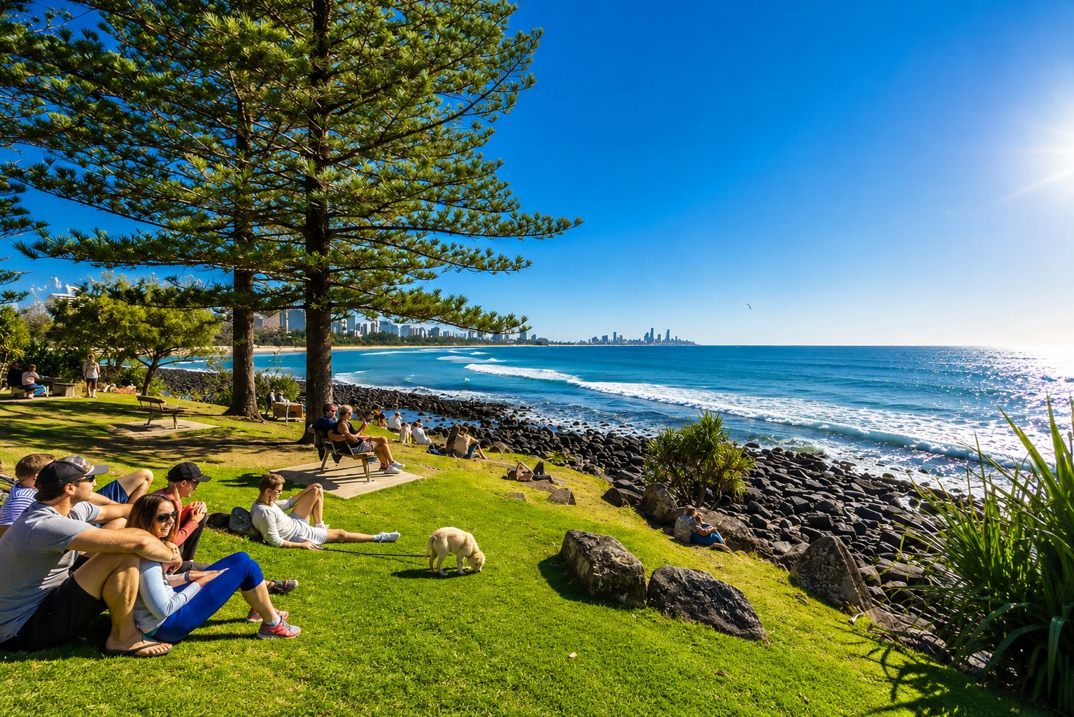 A coastal park with people relaxing on grass, a large tree, and a view of the ocean and city skyline.