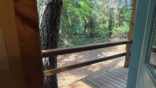 A wooden deck with a railing, surrounded by trees. - Shawnee Pines #3 - Cozy Cabin (Golconda)