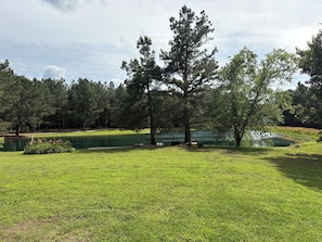 A golf course with a pond, surrounded by trees and a well-maintained lawn.