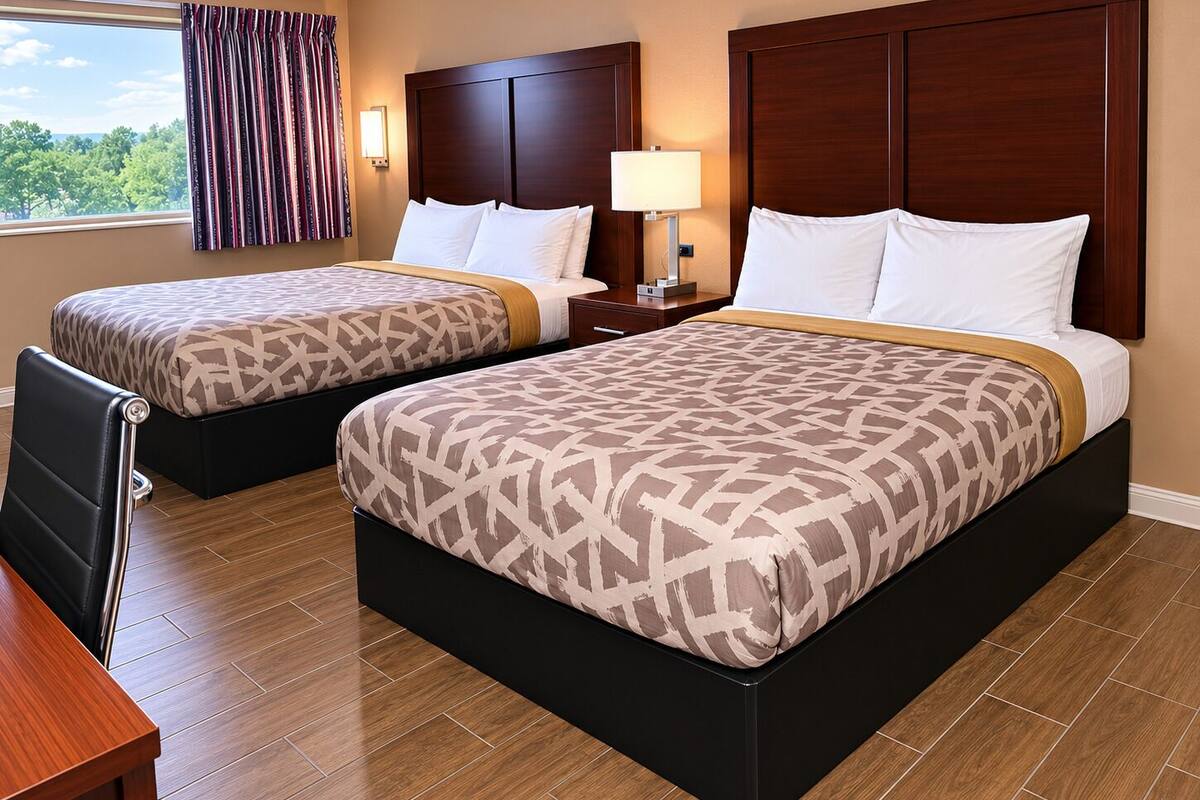 Habitación de hotel con dos camas, un escritorio y una ventana con cortinas.