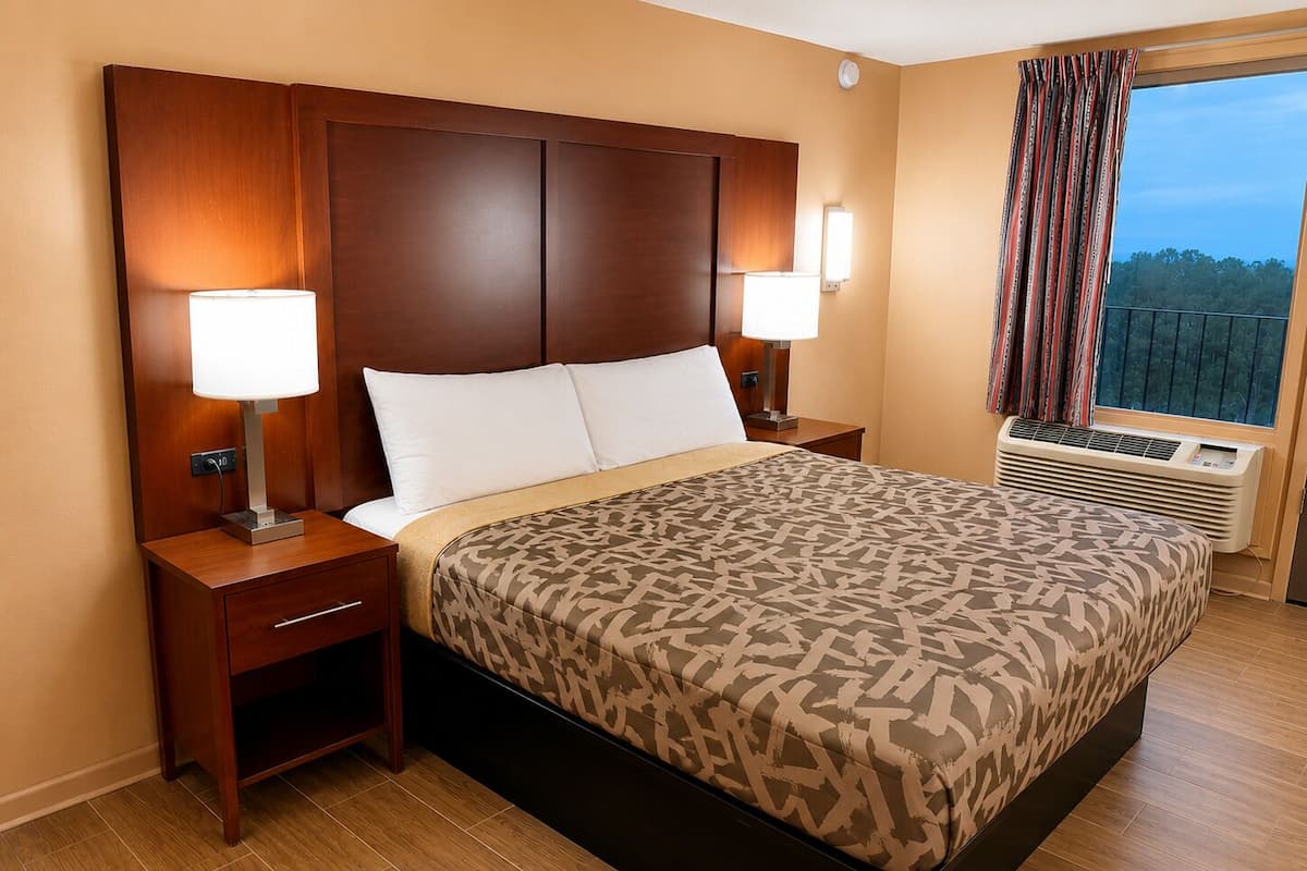 Habitación de hotel con una cama grande, dos mesitas de noche con lámparas, una ventana con cortinas y un aire acondicionado instalado.