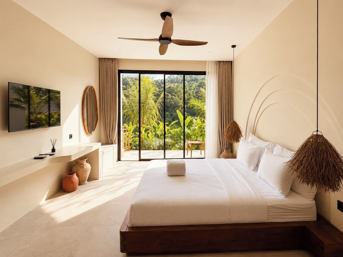 A bedroom with a bed, a ceiling fan, a TV, a window with a view of greenery, and a small table with a chair.