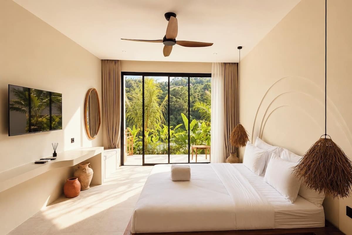 A bedroom with a bed, a ceiling fan, a TV, a window with a view of greenery, and a small table with a chair.