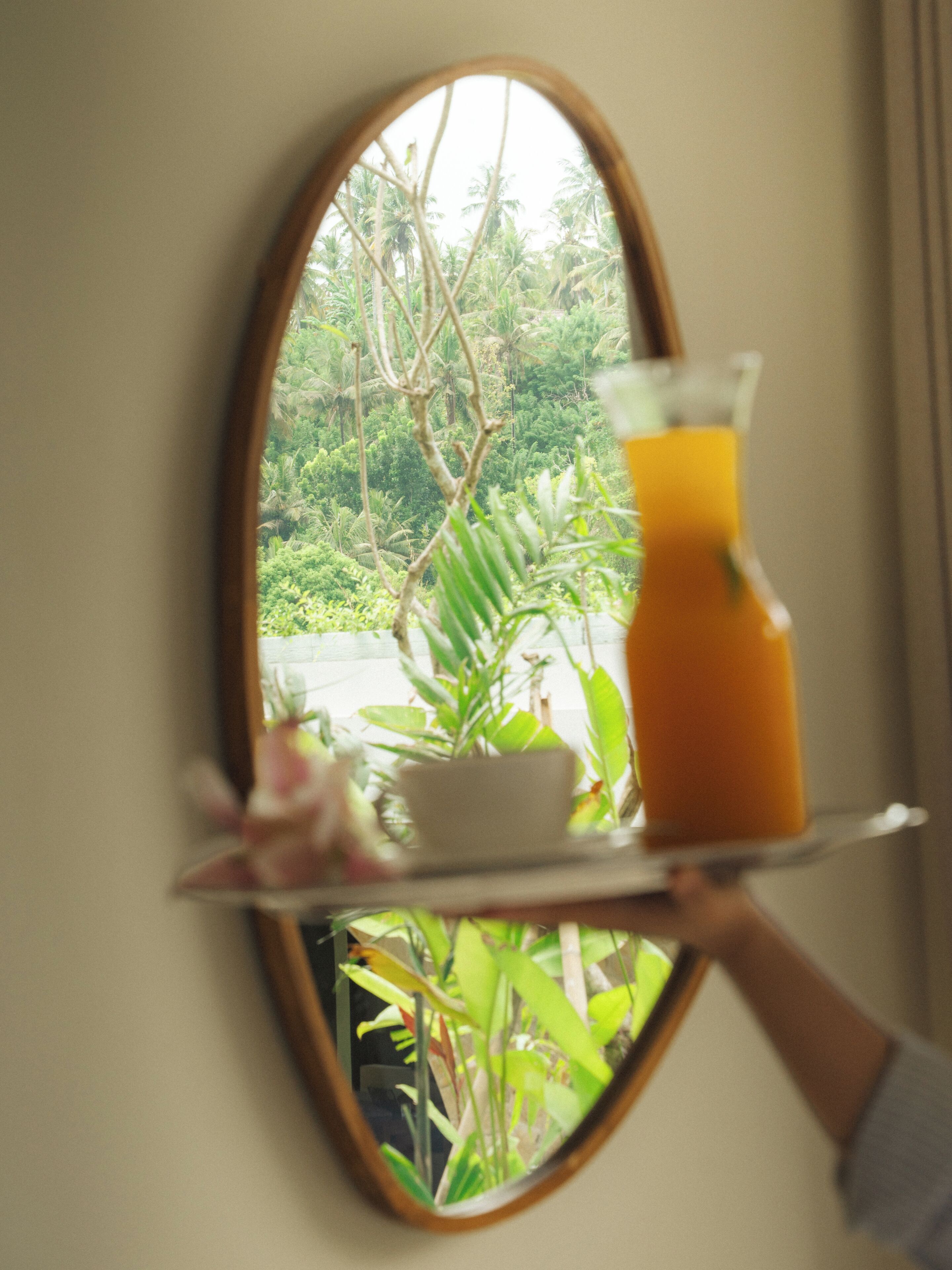 Una mano sostiene una bandeja con un vaso de jugo de naranja y un pequeño recipiente, frente a un espejo que refleja una vista verde y exuberante al aire libre.