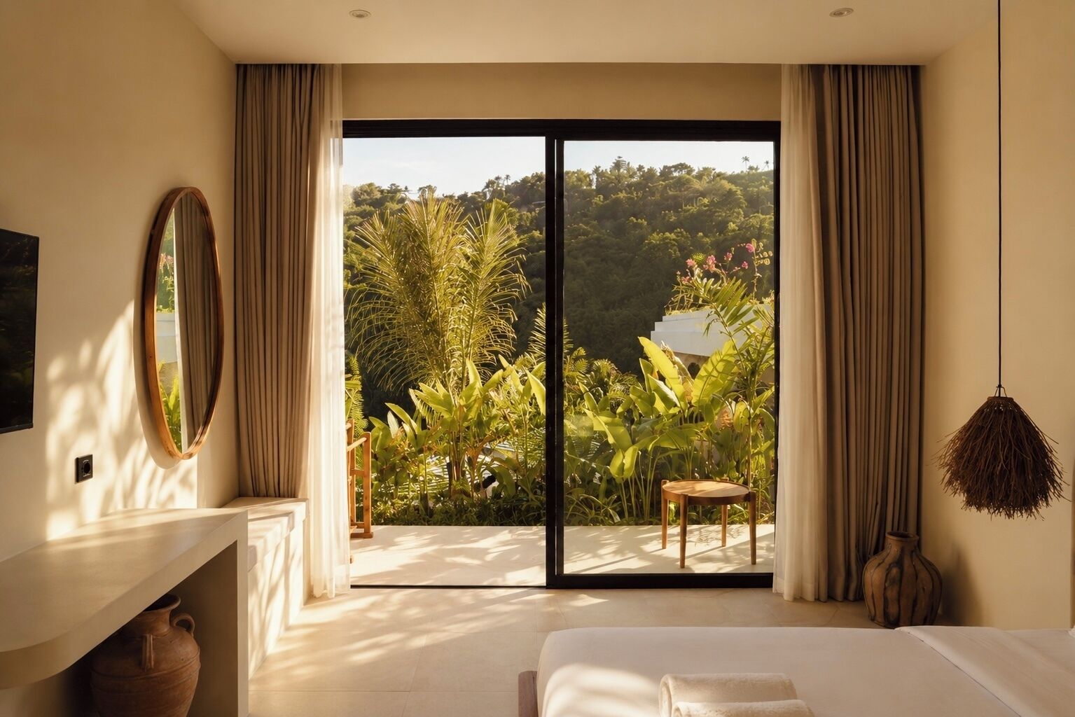 A bedroom with a large sliding glass door, a bed, a chair, a mirror, and a hanging light fixture.