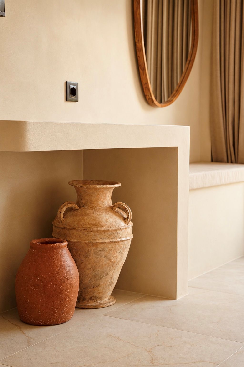 A room with a large, light-colored cabinet, a small red vase, and a larger terracotta pot.