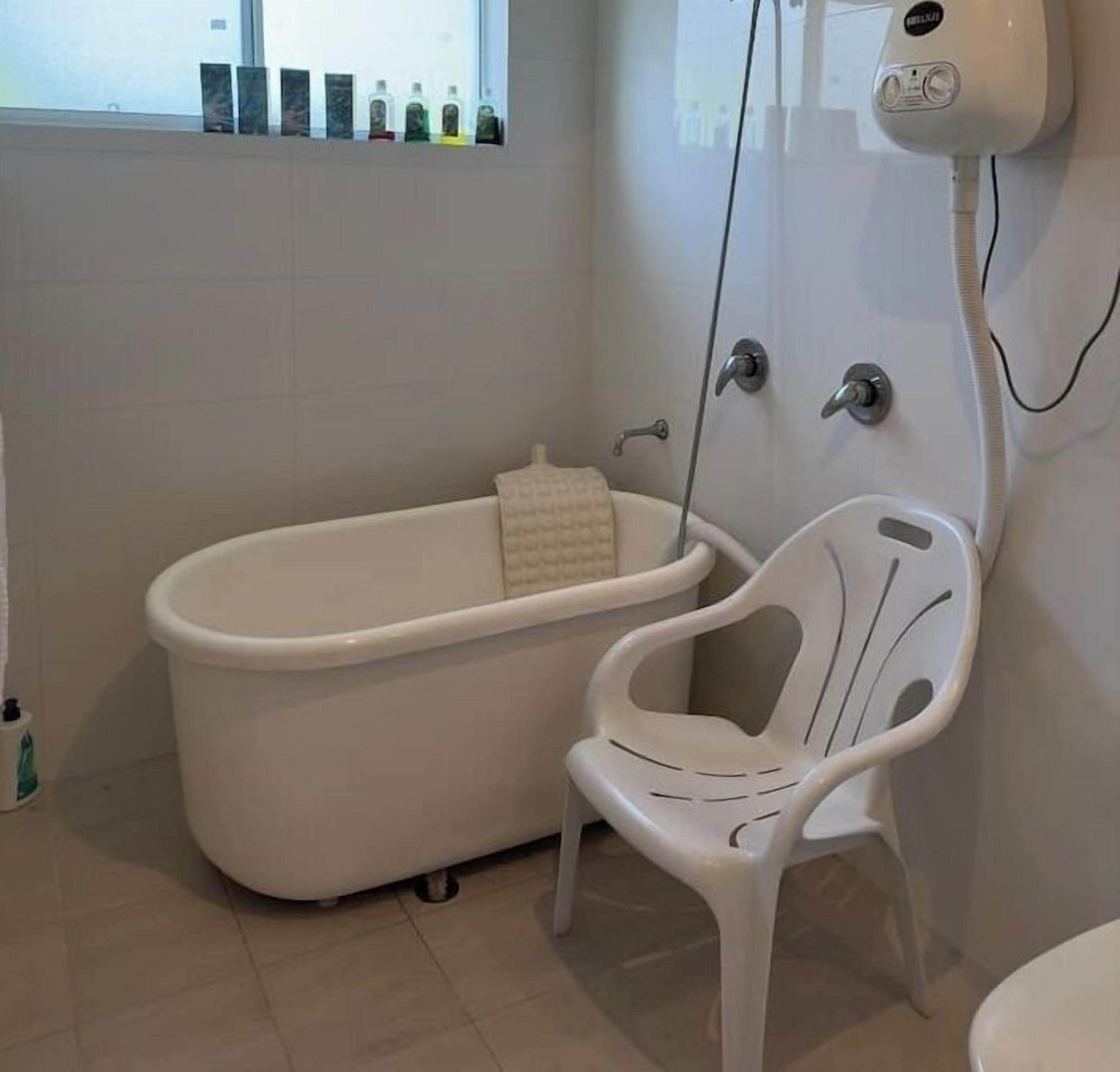 Shower, jetted bath, soap