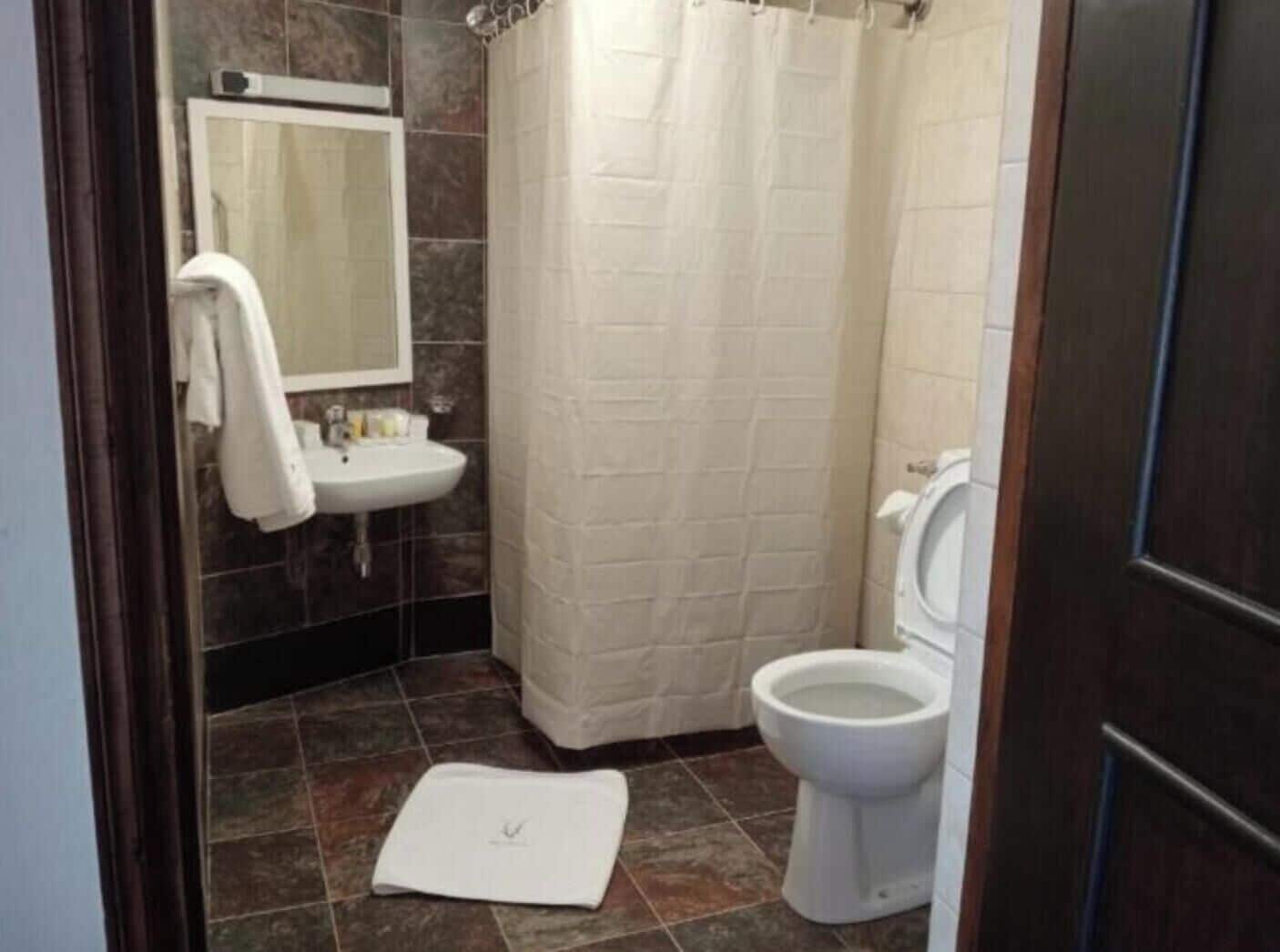 Chuveiro, toalhas de banho, sabonete, papel higiênico