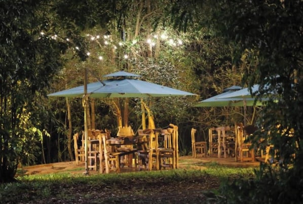 An outdoor dining area with wooden furniture and umbrellas, surrounded by trees and string lights. - The Treetops Lodge (Aberdare National Park)