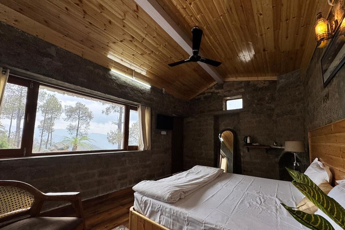Una habitación de madera con una cama, una silla, un ventilador de techo y una ventana con vistas a árboles.