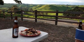 A table with a bottle and a plate of food, a wooden fence, and a view of green hills.