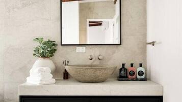 Hair dryer, towels, soap, shampoo