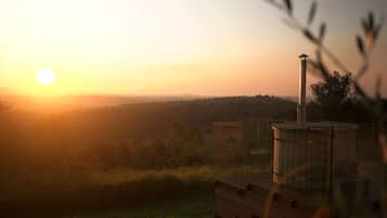 A wooden deck with a chimney, overlooking a forested landscape during sunset.