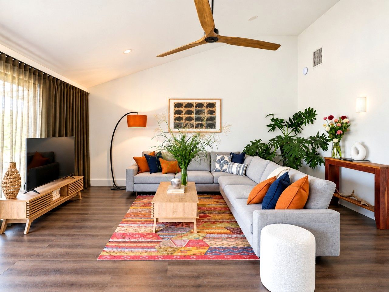 Ein modernes Wohnzimmer mit einem grauen Sofa, einem Holztisch, einem Fernseher und einem Deckenventilator.